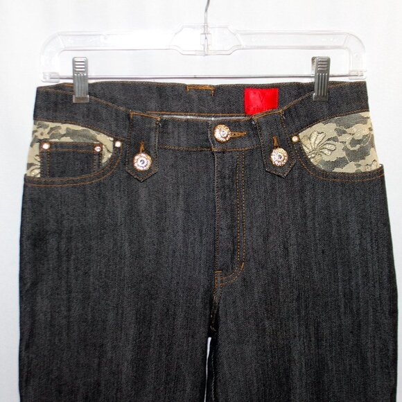 V Cristina Black Jeans with Lace and Rhinestone Button Accents - Picture 2 of 12